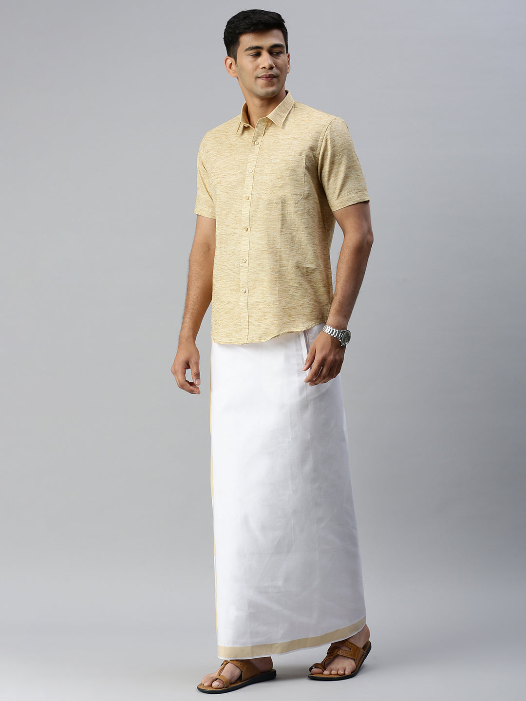Mens Matching Border Adjustable Dhoti & Half Sleeves Shirt Set CC1-Side view