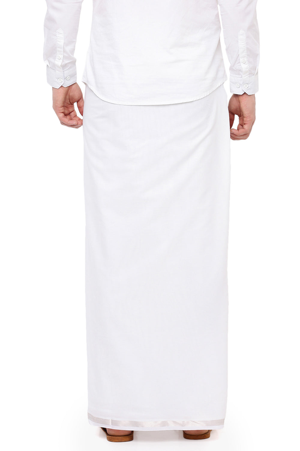 Men Double Dhoti White with Silver Jari 1/2" inch Silver Line