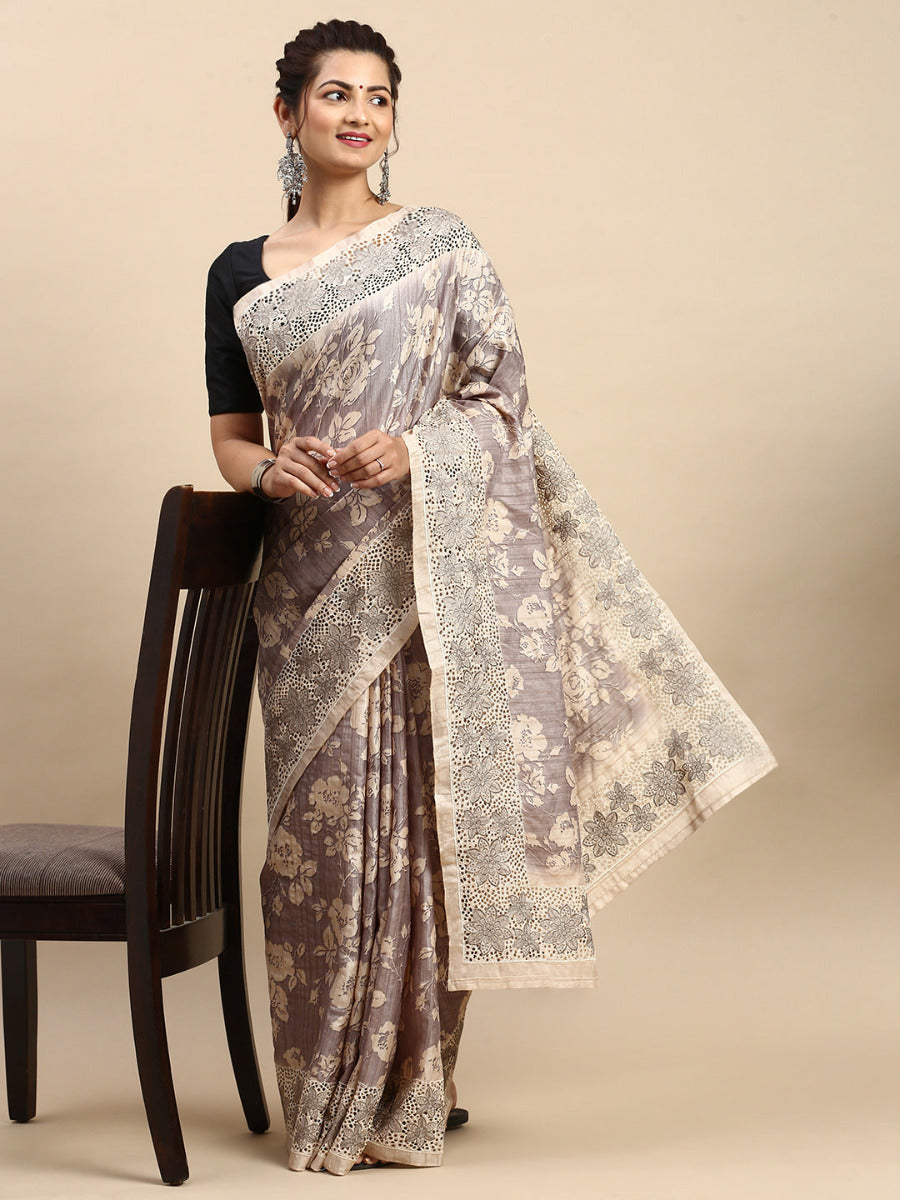 Womens Semi Tussar Woven Embroidery Saree Grey with Sandal STWE12