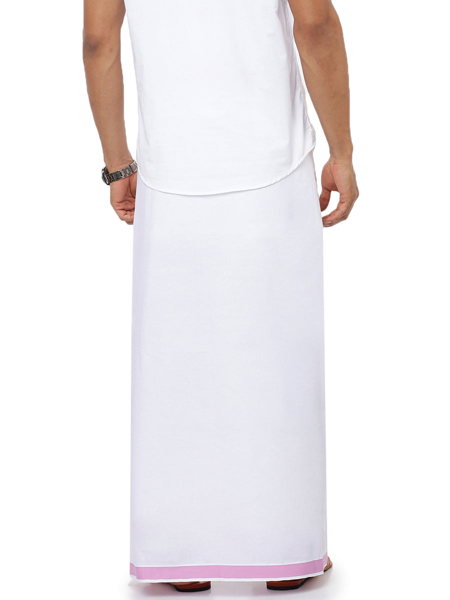 Mens Single Dhoti White with Fancy Border Holy Wind Pink-Back view