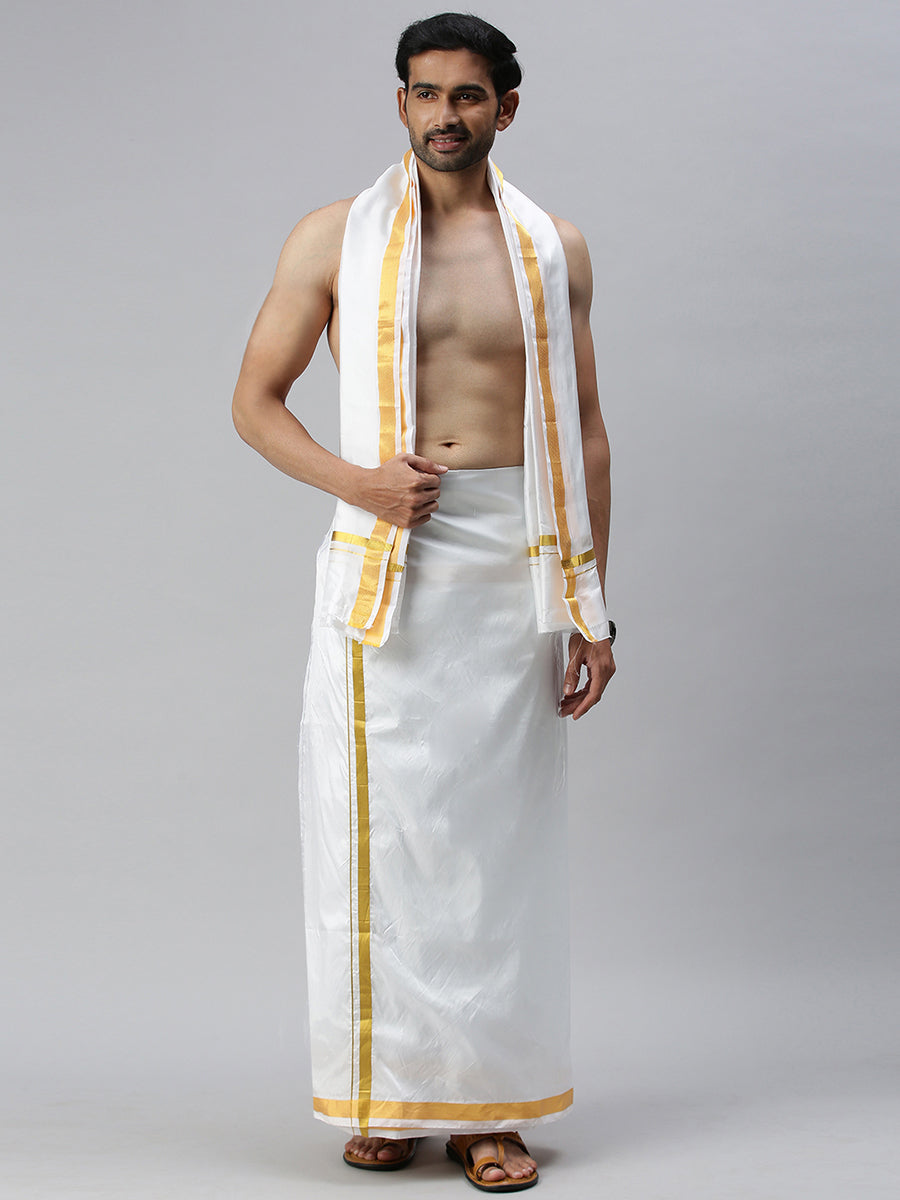 Mens Silk White Wedding Set 1" Dhoti+Towel+Shirt Subha Vaibhavaa-Front view