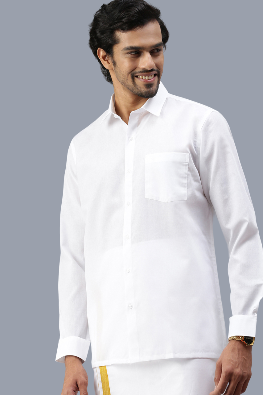 Mens 100% Cotton White Full Sleeves Shirt with 1/2'' Gold Jari Double Dhoti Combo-Side view