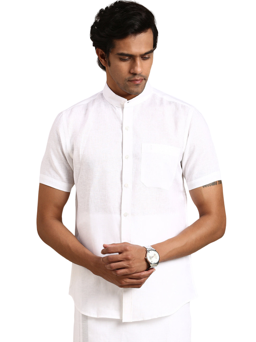Mens 100% Linen Chinese Collar White Shirt Half Sleeves 5445