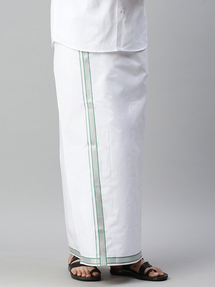 Mens Single Dhoti with Jari Fancy Border Silver Crown Green-Side view