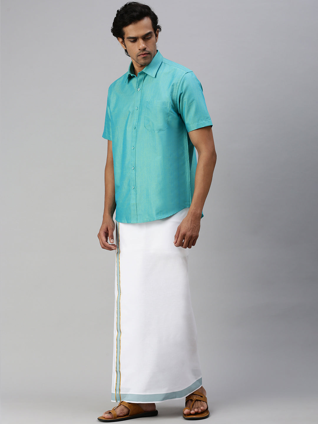 Mens Matching Jari Border Dhoti & Shirt Set Half Sleeve Blue VB8-Side view