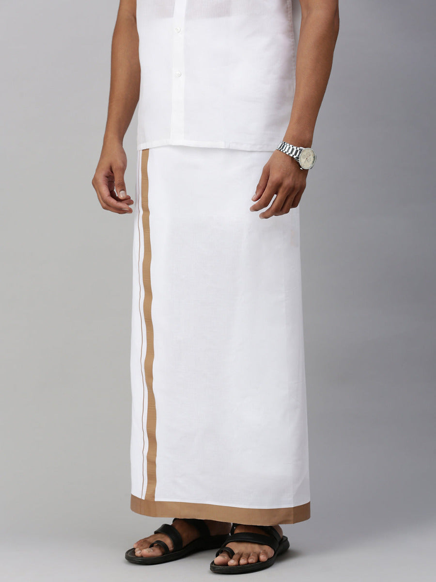 Mens Single Dhoti White with Fancy Border Pound Brown-Side view