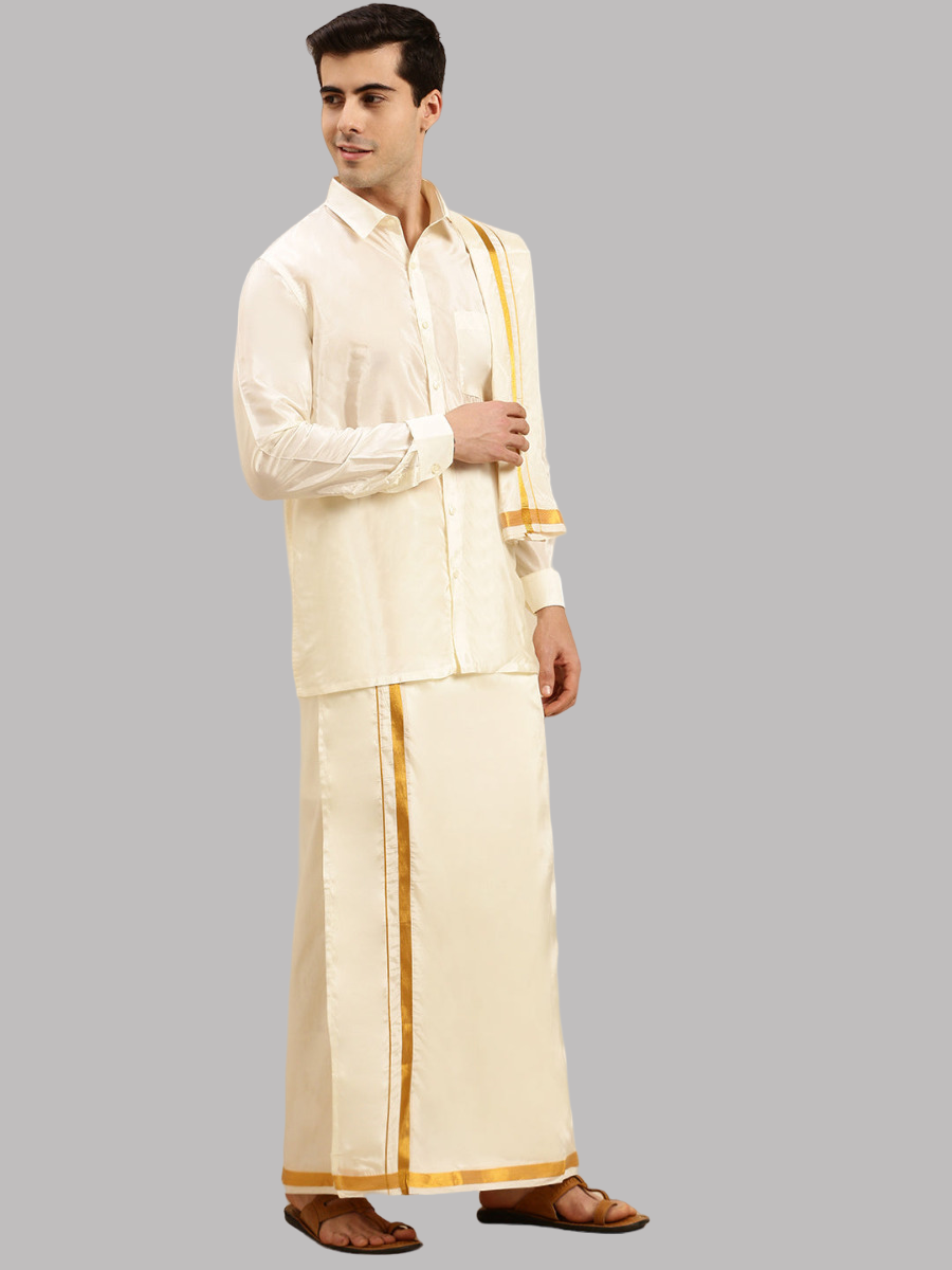 Mens Cream Art Silk Full Sleeves Shirt with Readymade Double Dhoti+Towel Combo-Side view