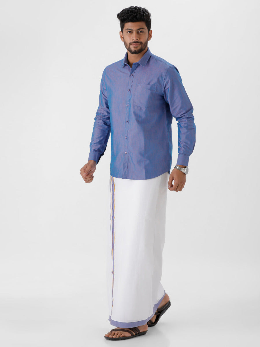 Mens Matching Jari Border Dhoti & Shirt Set Full Blue VB5-Side view