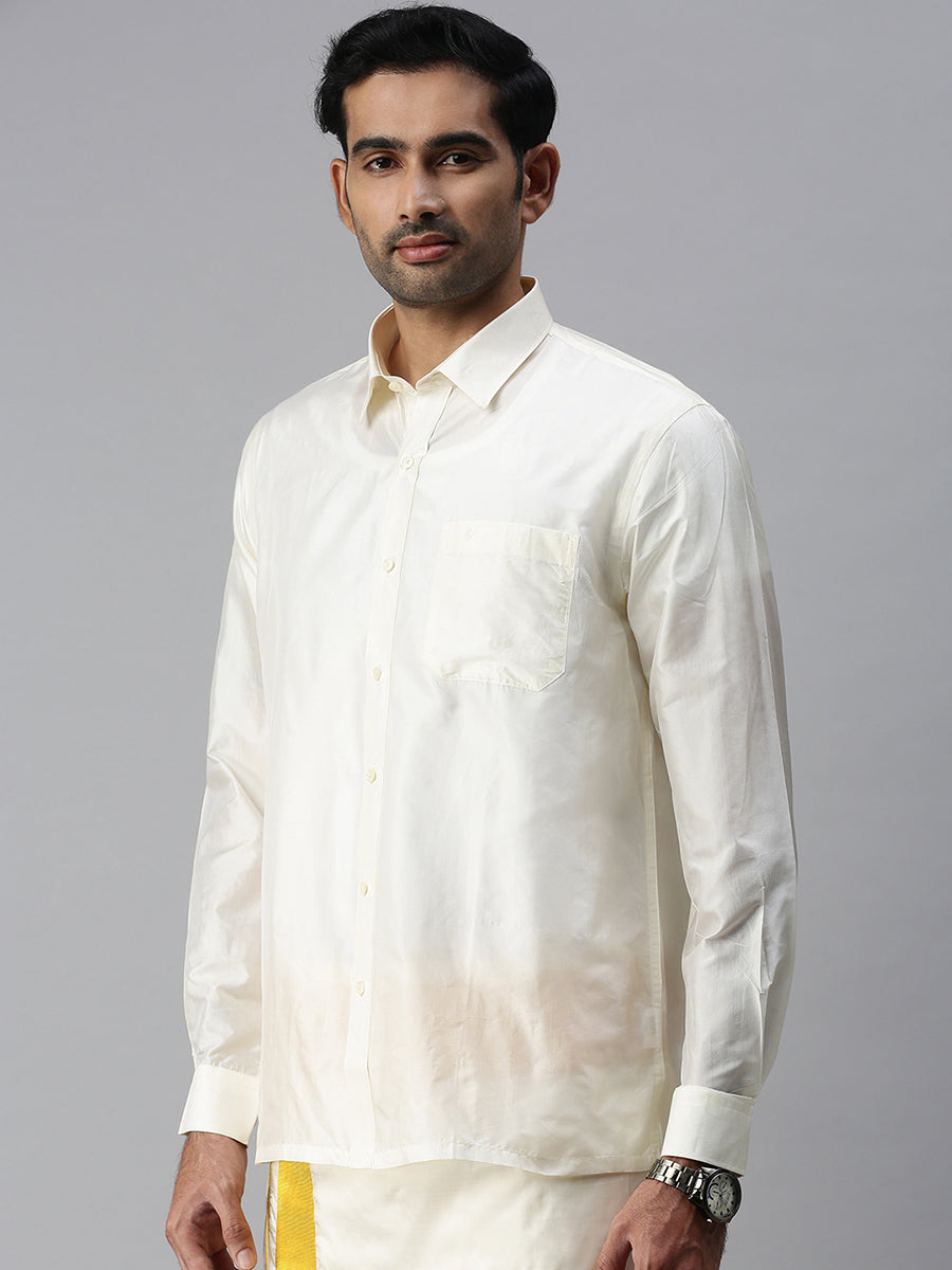 Mens Pure Silk Cream Shirt Full Sleeves Silk Mark-Side view