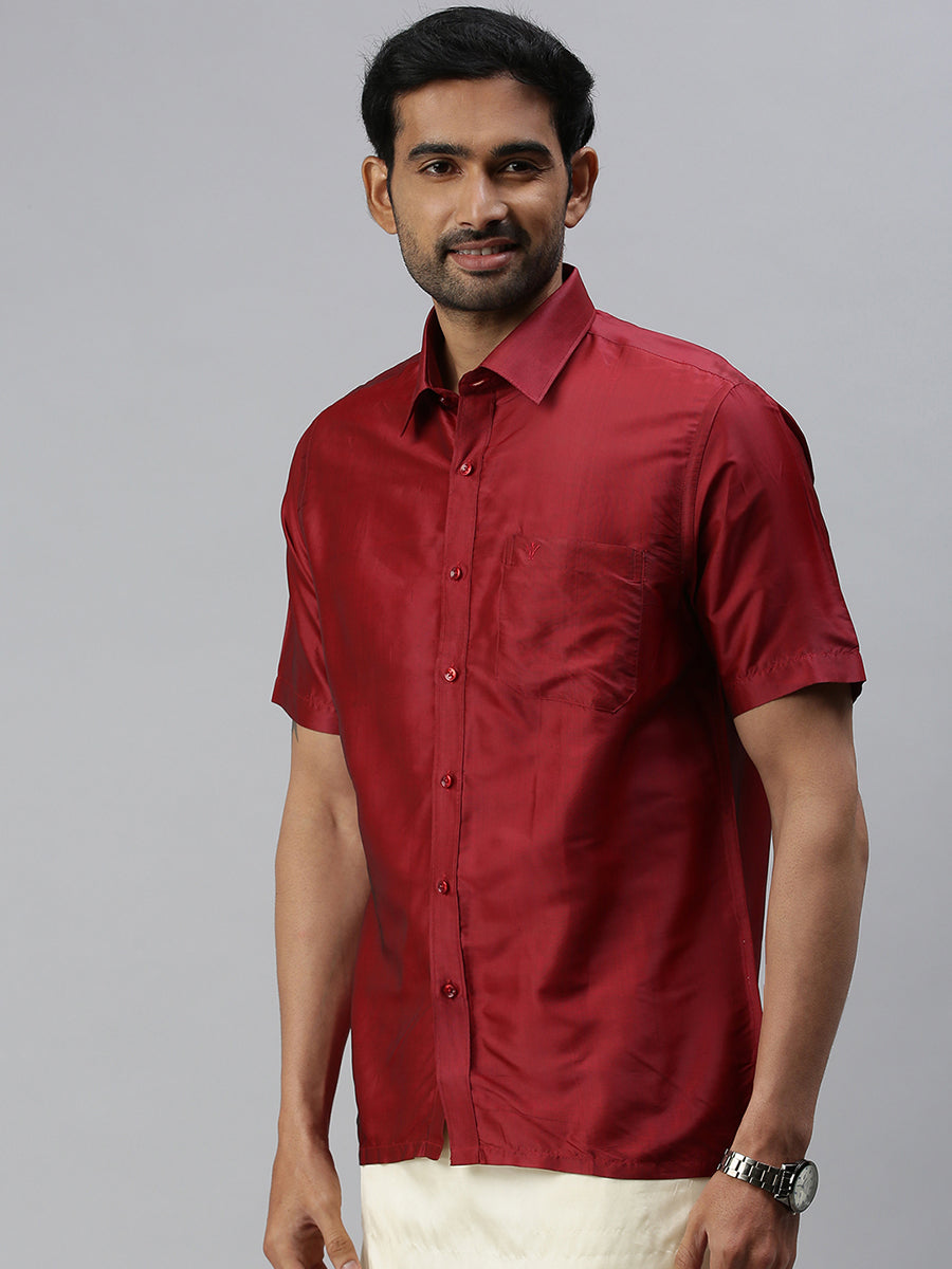 Mens Silk Maroon Colour Half Sleeves Shirt
