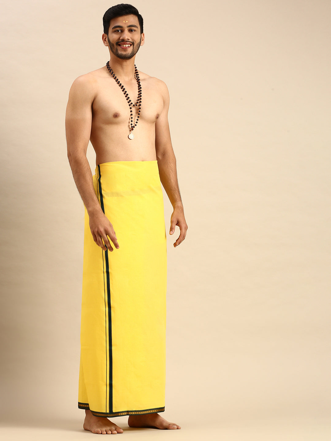 Mens Color Dhoti with Big Border Mercury Yellow-Front alternative view