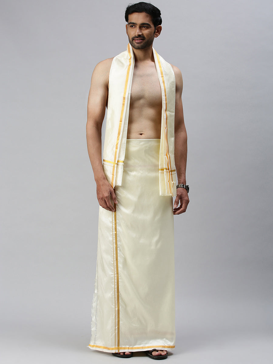 Mens Readymade Cream Dhoti + Towel Set Silk with Gold Jari 3/4" Genxt Silk Set