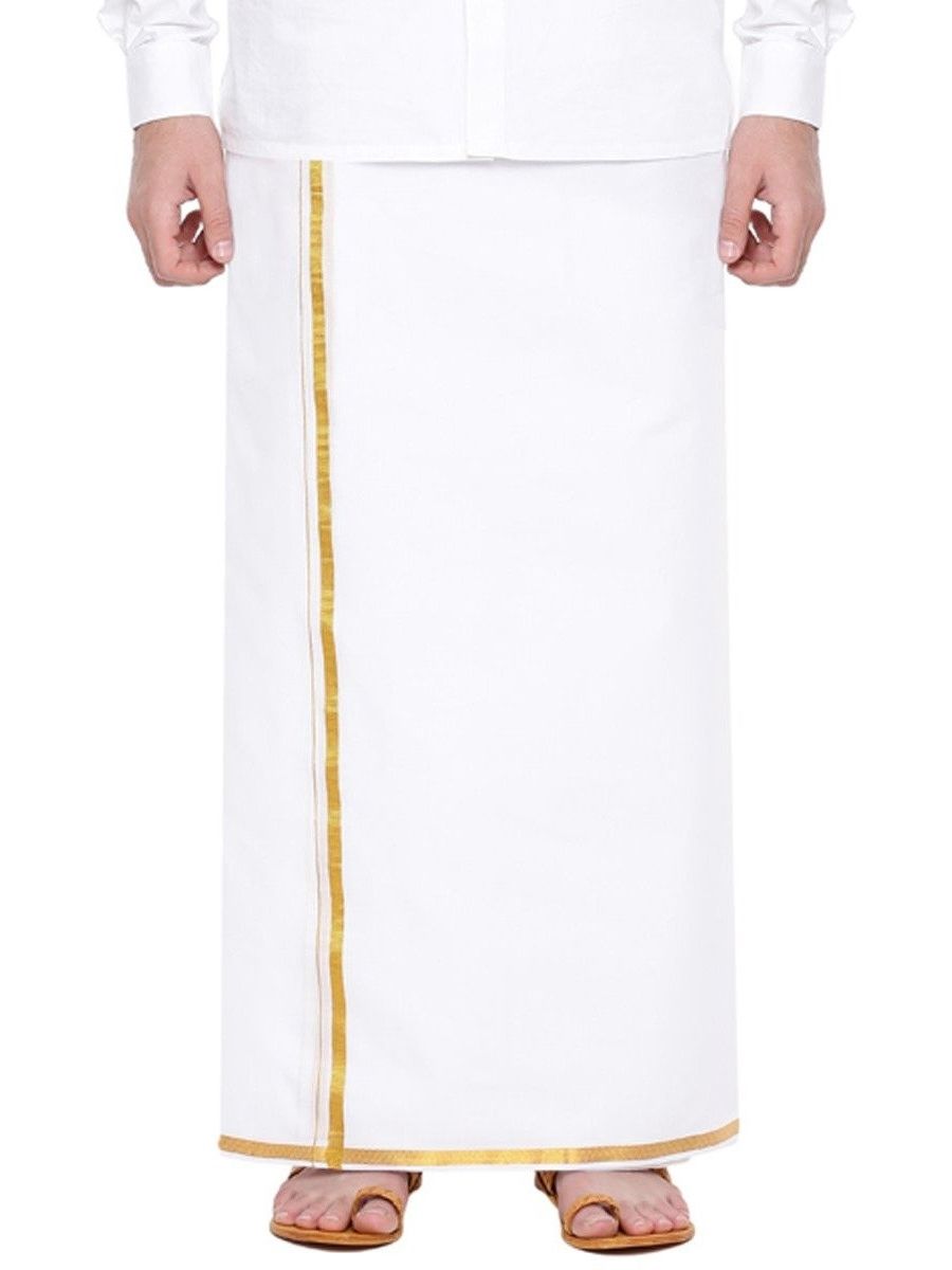 Mens Double Dhoti White with Gold Jari 3/4" Good Will