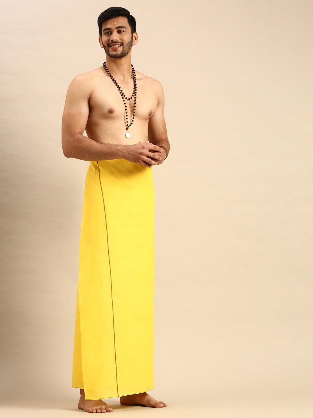 Mens Color Dhoti with Small Border Golden Yellow-Side view