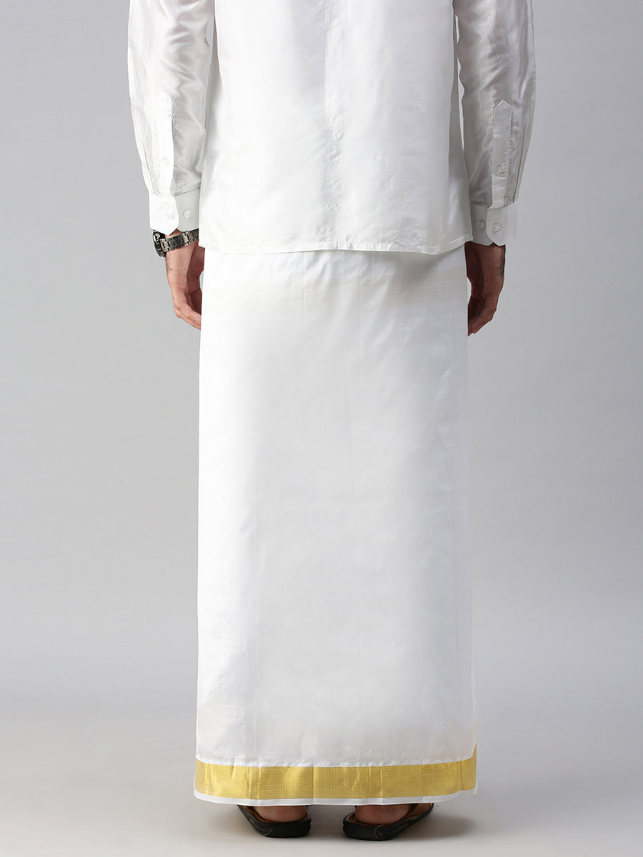 Mens Pure Silk White Double Dhoti with 2" Gold Jari Upasana-Back view