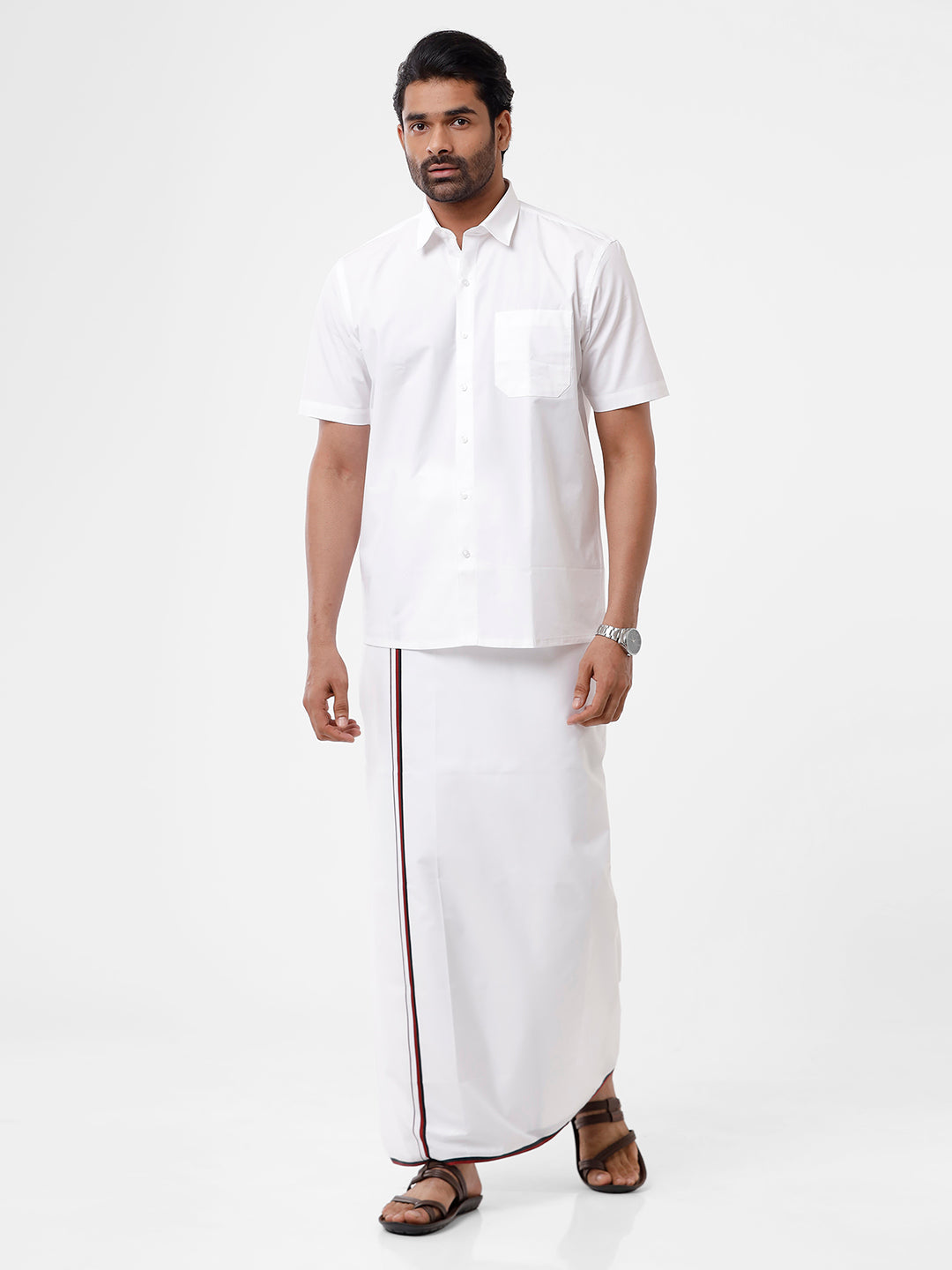 Wrinkle Free Cotton Political Dhoti - DMK-Front view