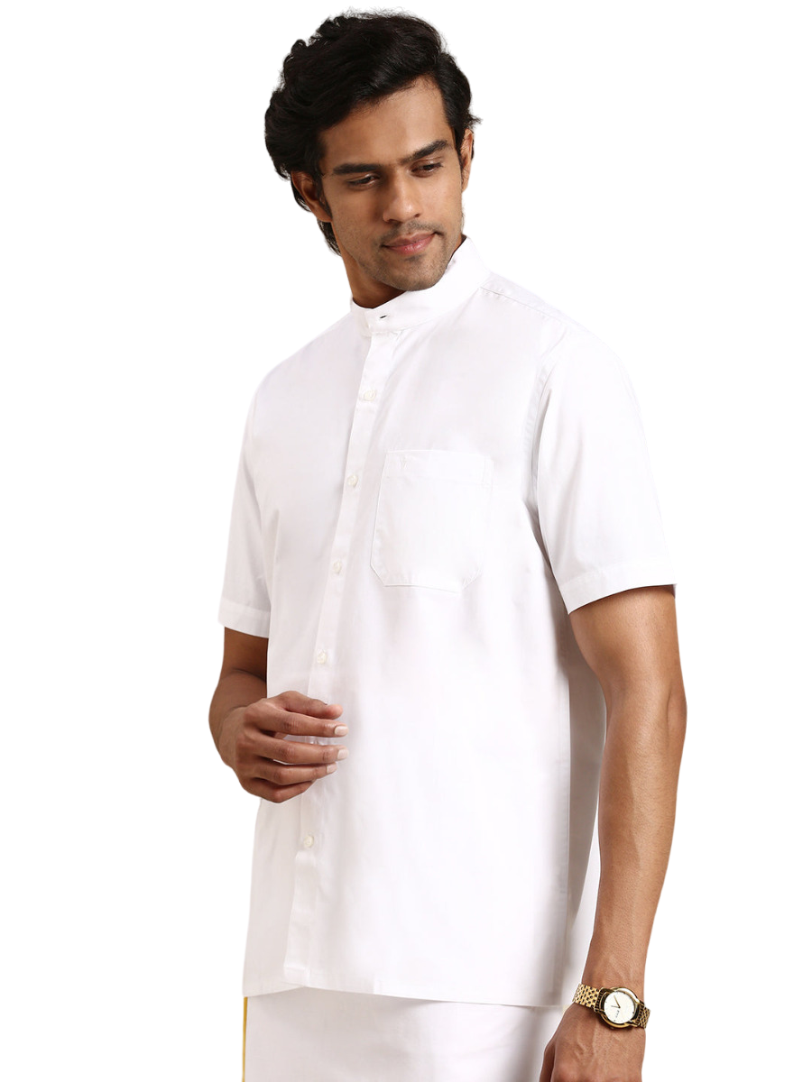 Mens 100% Cotton White Shirt Half Sleeves Chinese Collar-Side view