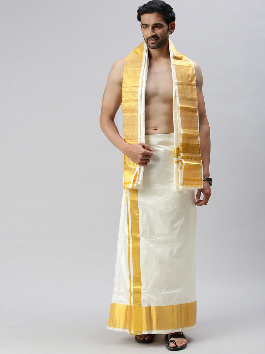 Mens Pure Silk Cream Dhoti & Towel Set Thirukalyan 5"