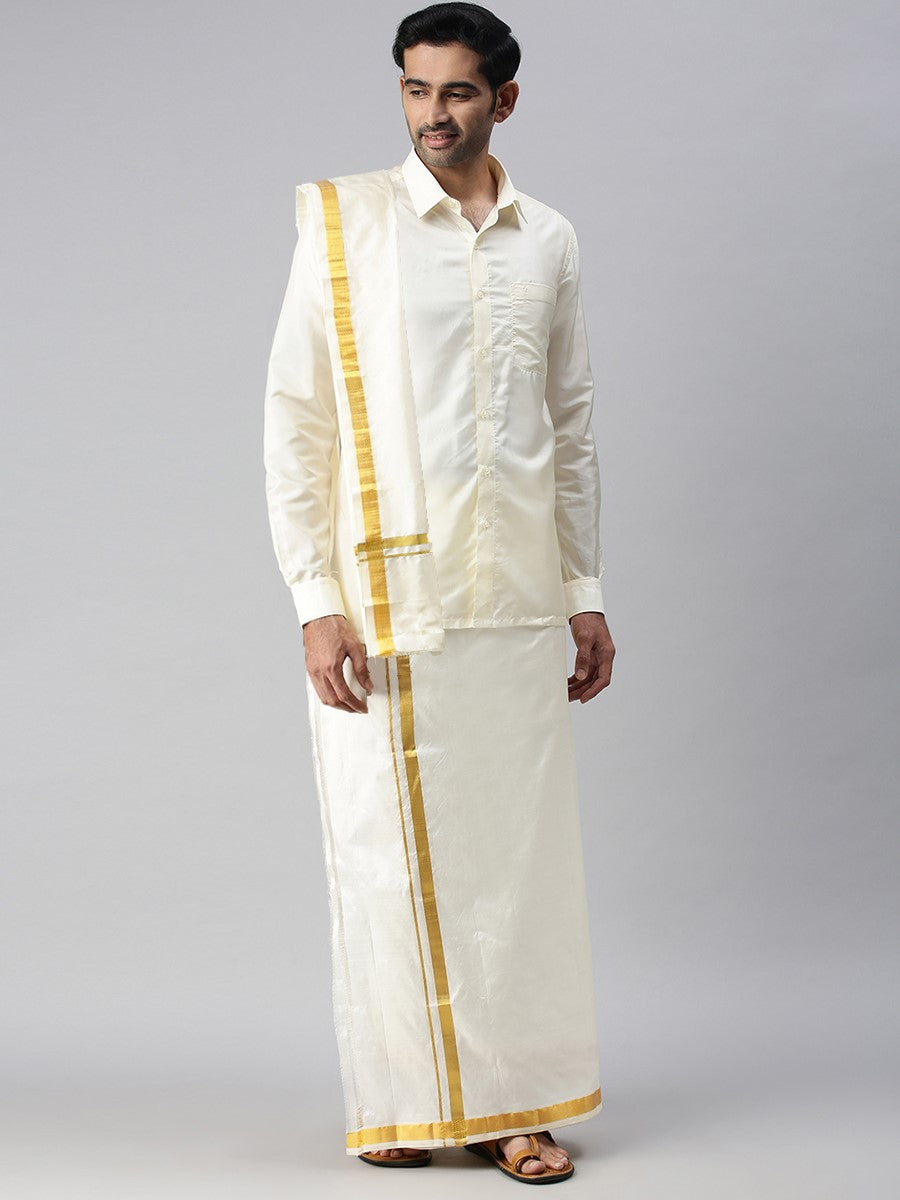 Mens Pure Silk Cream Wedding Set 3/4" Dhoti+Towel+Shirt Thirukalyan
