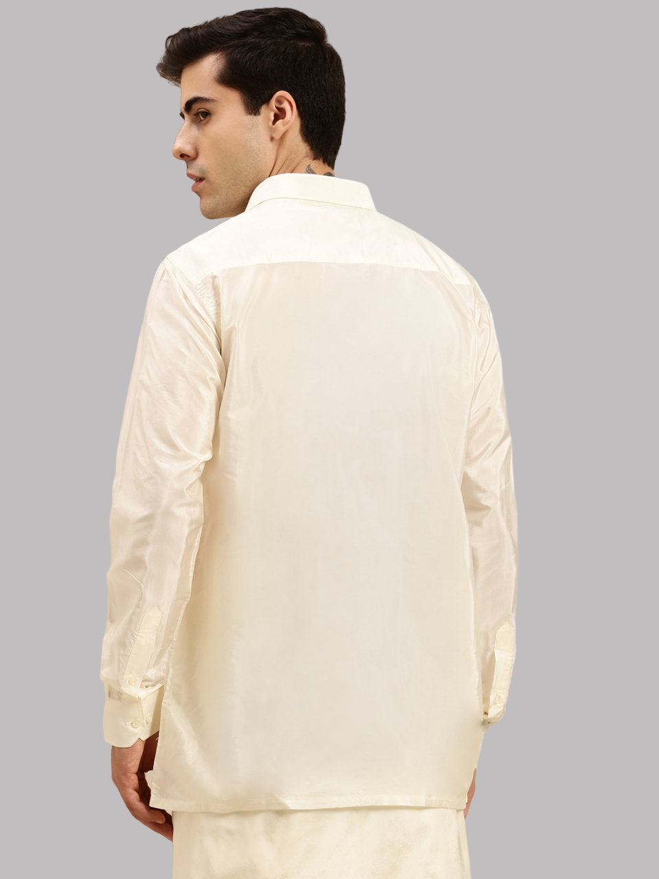 Mens Cream Full Sleeves Shirt with Adjustable Double Dhoti Art Silk Combo-Back view