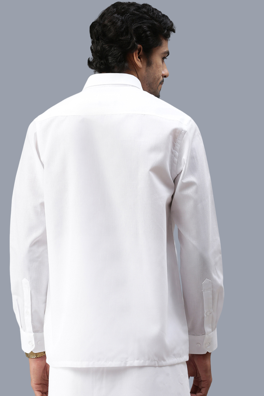 Mens 100% Cotton White Full Sleeves Shirt with 3/4'' Gold Jari Double Dhoti Combo-Back view