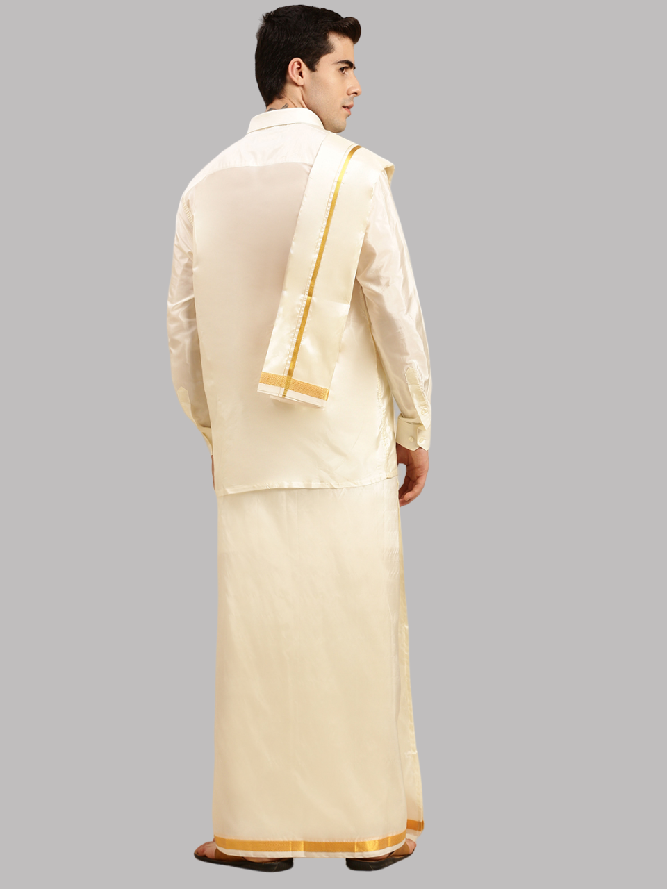 Mens Cream Art Silk Full Sleeves Shirt, Double Dhoti, Towel+Belt Combo-BACK VIEW