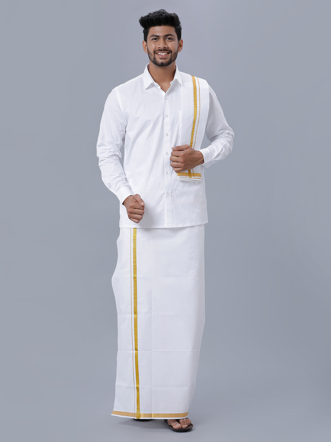 Mens 100% Cotton White Full Sleeves Shirt with 3/4''Jari Single Dhoti+Towel Combo