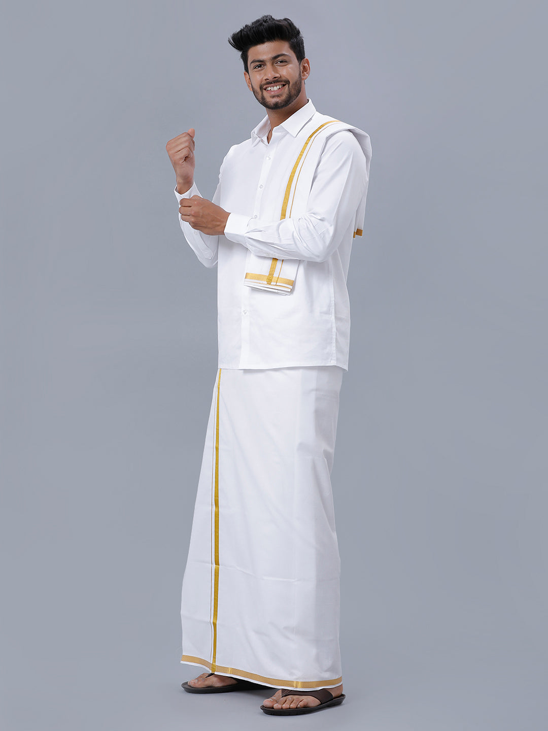 Mens 100% Cotton White Full Sleeves Shirt with 3/4''Jari Double Dhoti+Towel Combo
