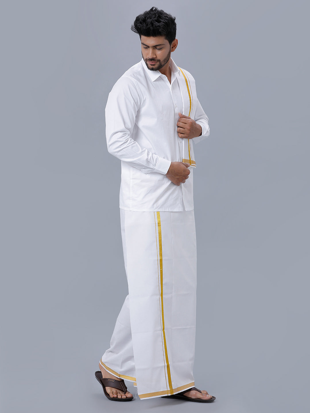 Mens Royal Cotton White Full Sleeves Shirt with 3/4''Jari Double Dhoti+Towel Combo