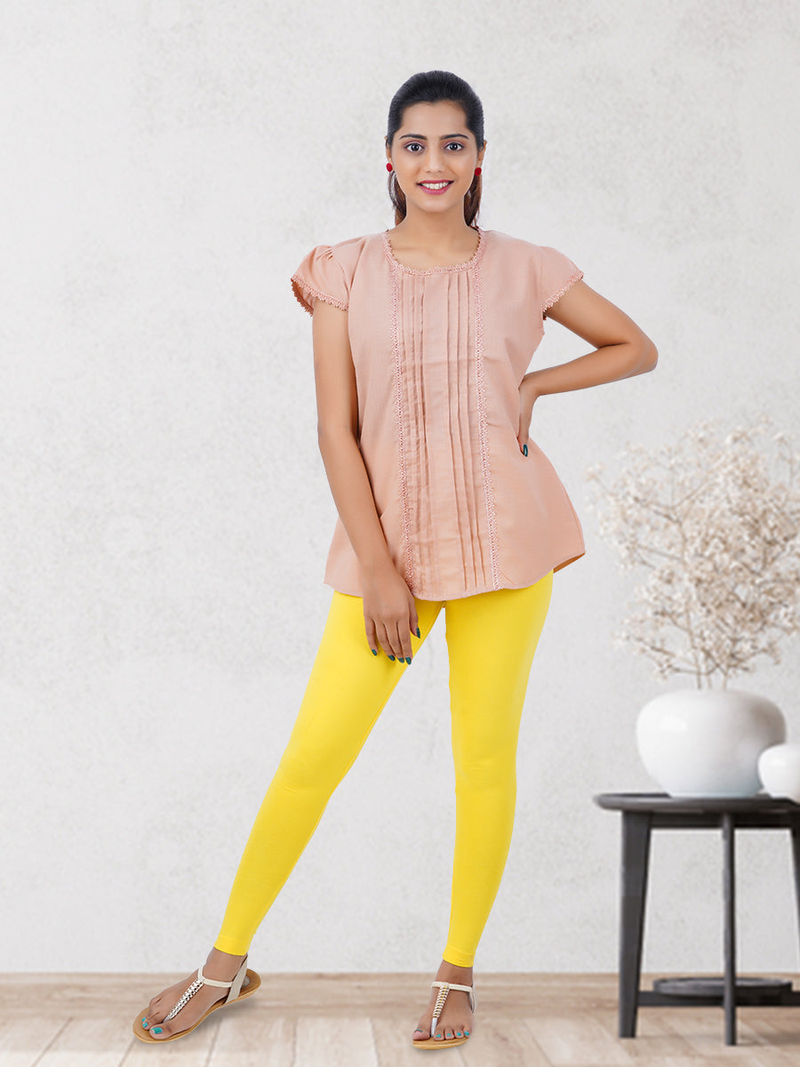 Ankle Fit Mixed Cotton with Spandex Stretchable Leggings Yellow-Full view