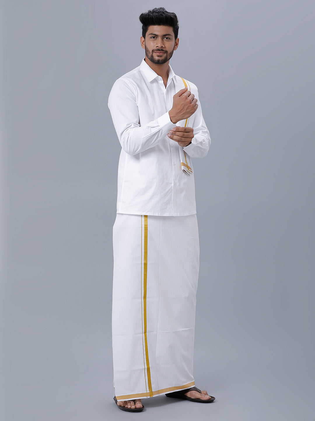 Mens Wrinkle Free White Full Sleeves Shirt with 3/4''Jari Double Dhoti+Towel Combo