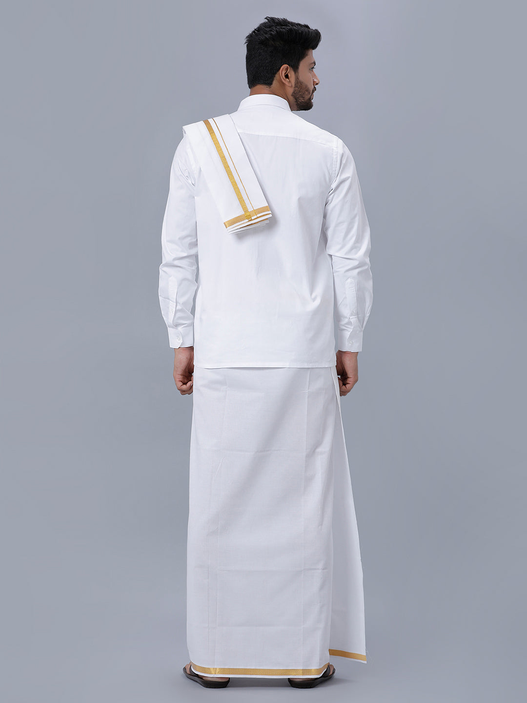 Mens 100% Cotton White Full Sleeves Shirt with 3/4''Jari Double Dhoti+Towel Combo-Back view