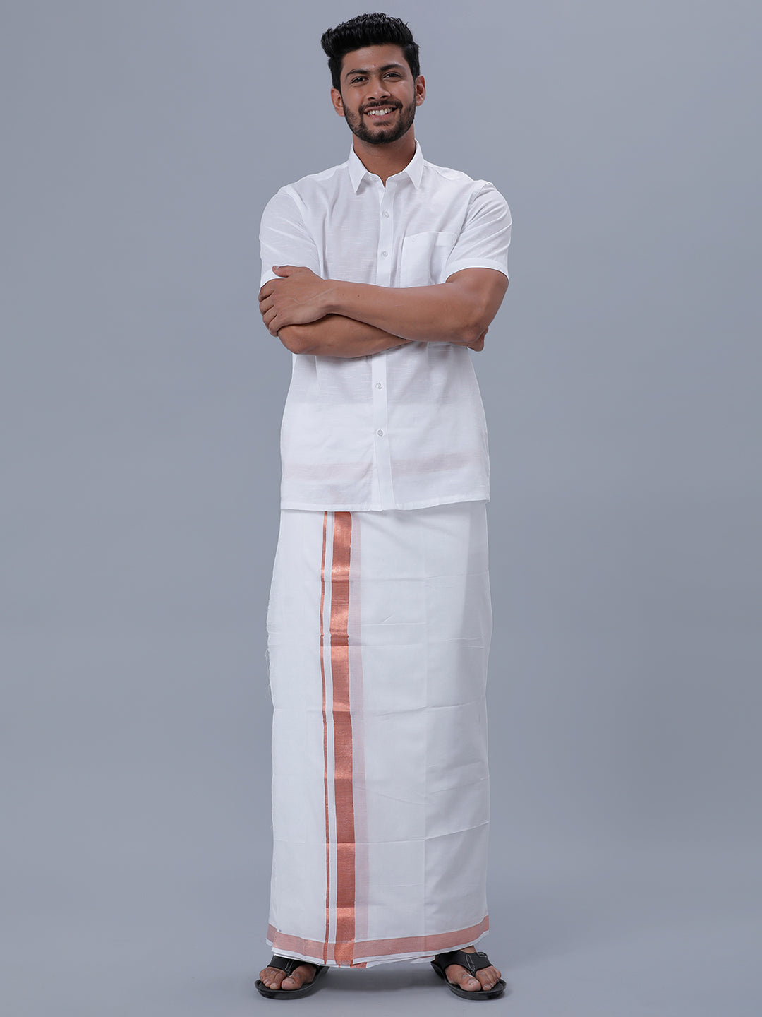 Men Premium Cotton White Double Dhoti with 1 1/2'' Copper Jari Border Ribhu