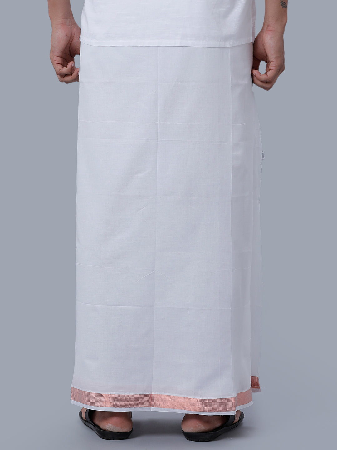 Mens Premium Cotton White Double Dhoti with 11/2'' Copper Jari Border Ribhu