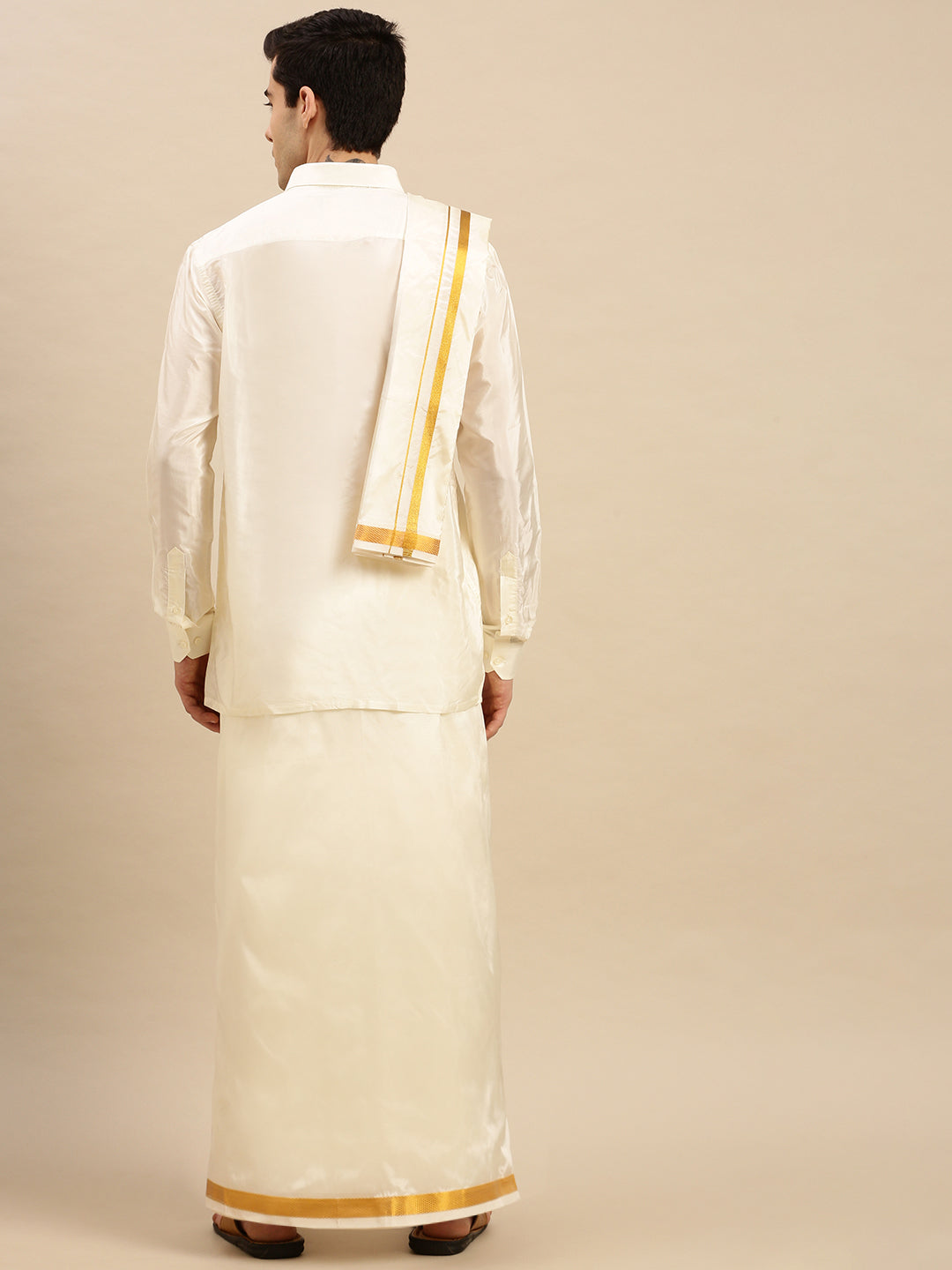 Wedding Soft Silk Dhoti With Full Sleeve Shirt & Towel Set Parinayam-Back view