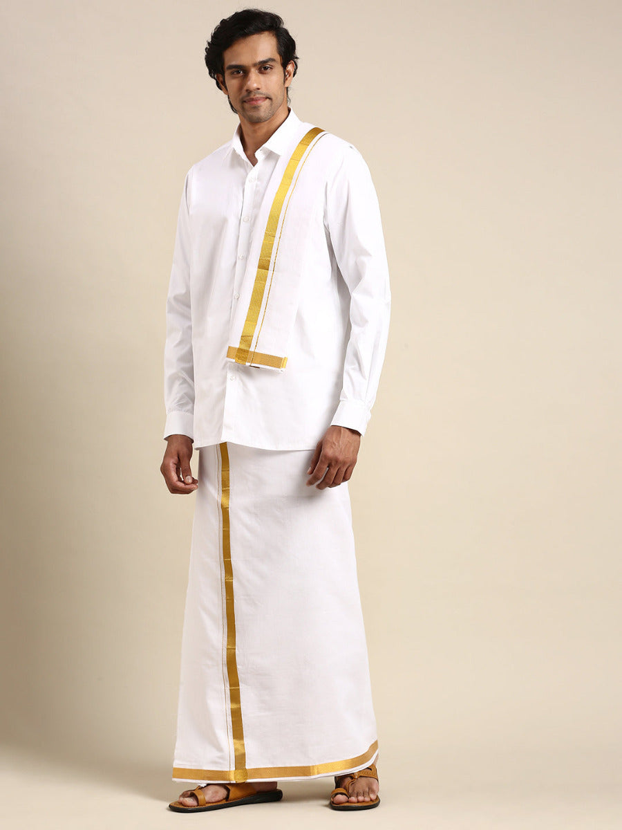 Mens Wedding White Regular Dhoti, Shirt & Towel Set Subhakalyan 1"-Side view
