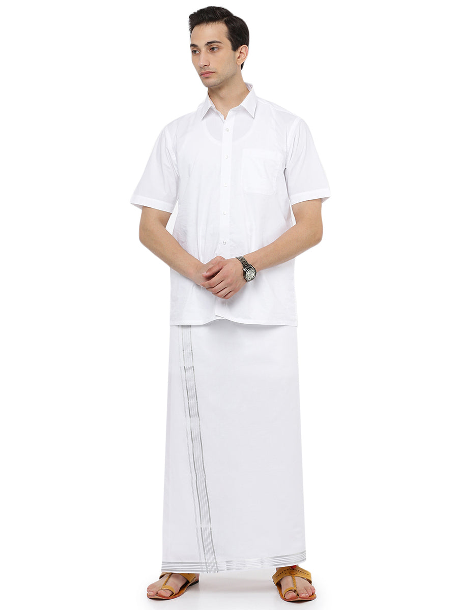 Mens Single Dhoti with Silver Jari 1 1/2" Silver Zebra