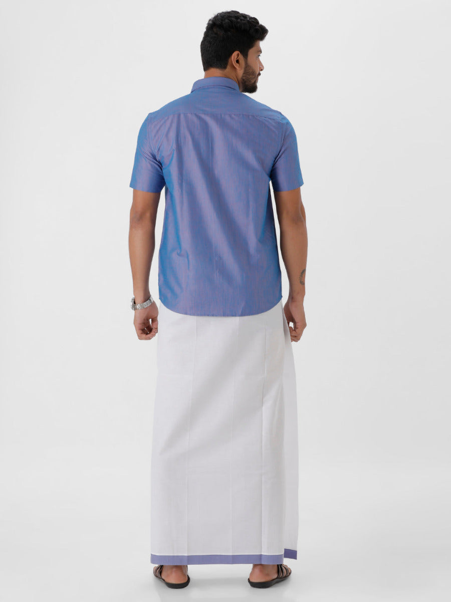 Mens Matching Jari Border Dhoti & Shirt Set Half Blue VB5-Back view
