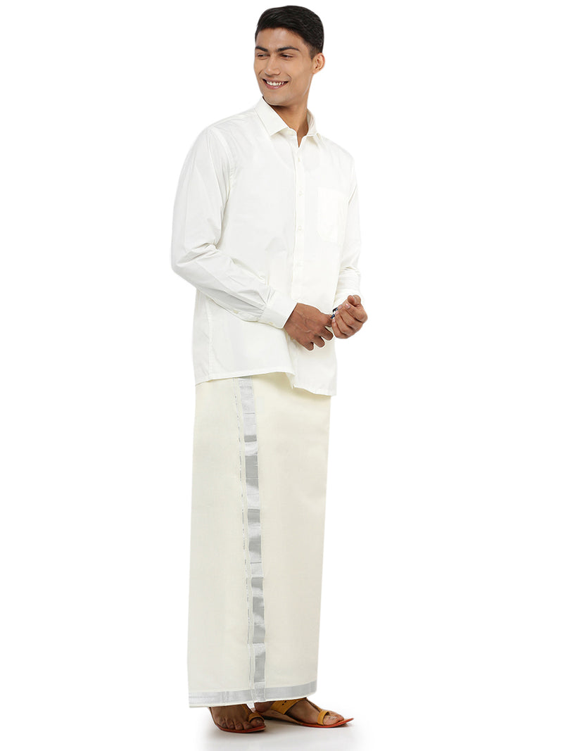 Mens Double Dhoti Cream with Silver Jari 1" CCK508W