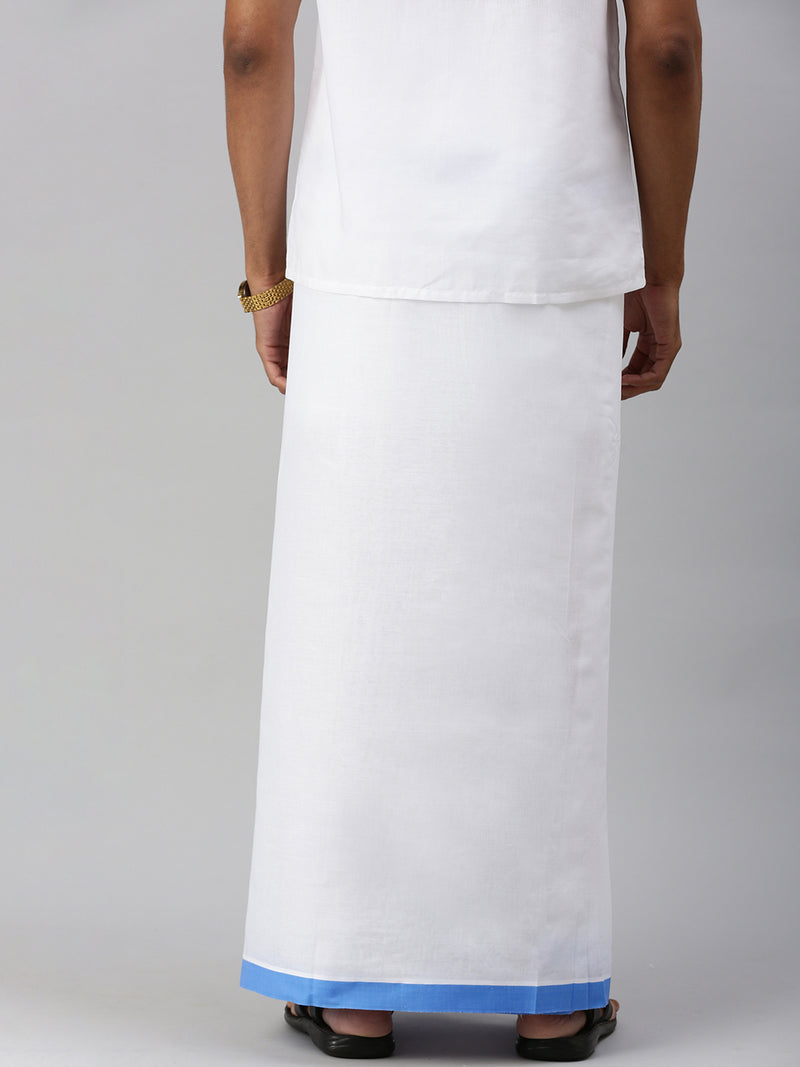Mens Double Dhoti White with Big Border Terra Spl Blue