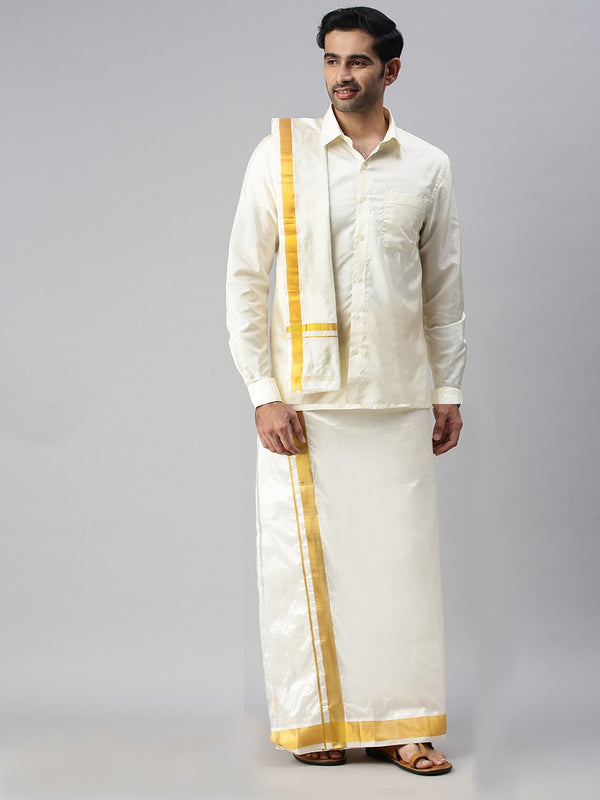 Mens Pure Silk Cream Wedding Set 1 1/2" Dhoti+Towel+Shirt