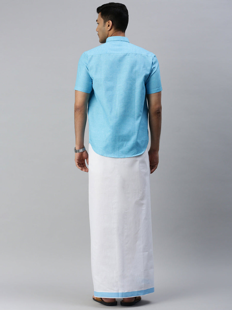 Mens Matching Border Adjustable Dhoti & Half Sleeves Shirt Set Blue CC5-Back view