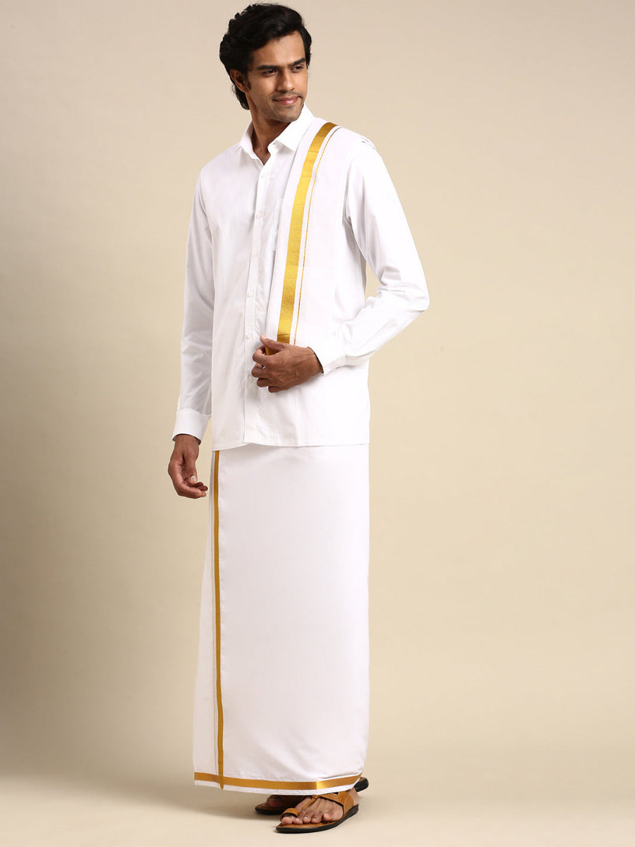Premium Wedding White Readymade Dhoti, Shirt & Towel Set Dhanvanthri-Side view
