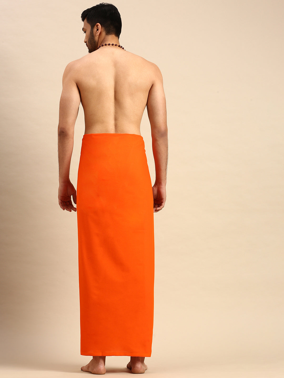 Mens Color Dhoti with Small Border Golden Orange-Back view