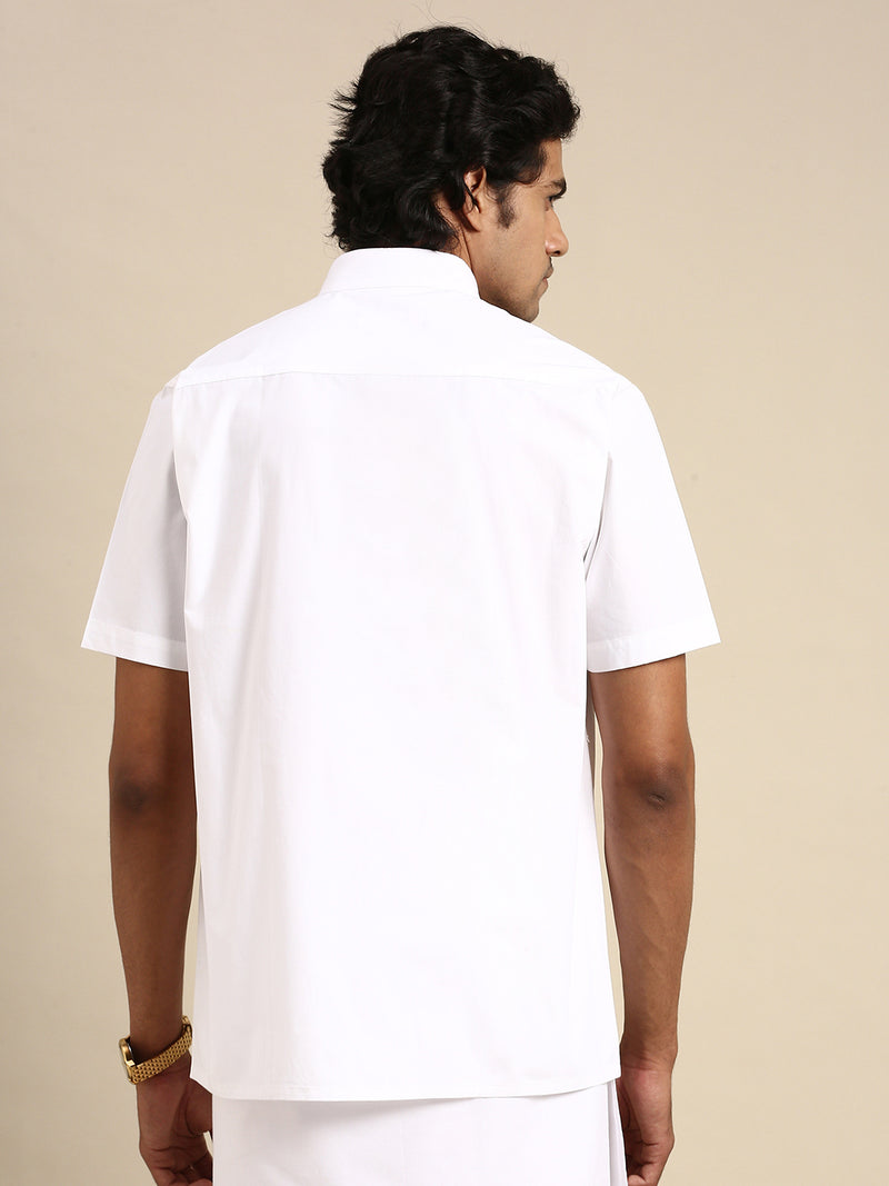 Mens 100% Cotton White Shirt Half Sleeves Plus Size Chinese Collar