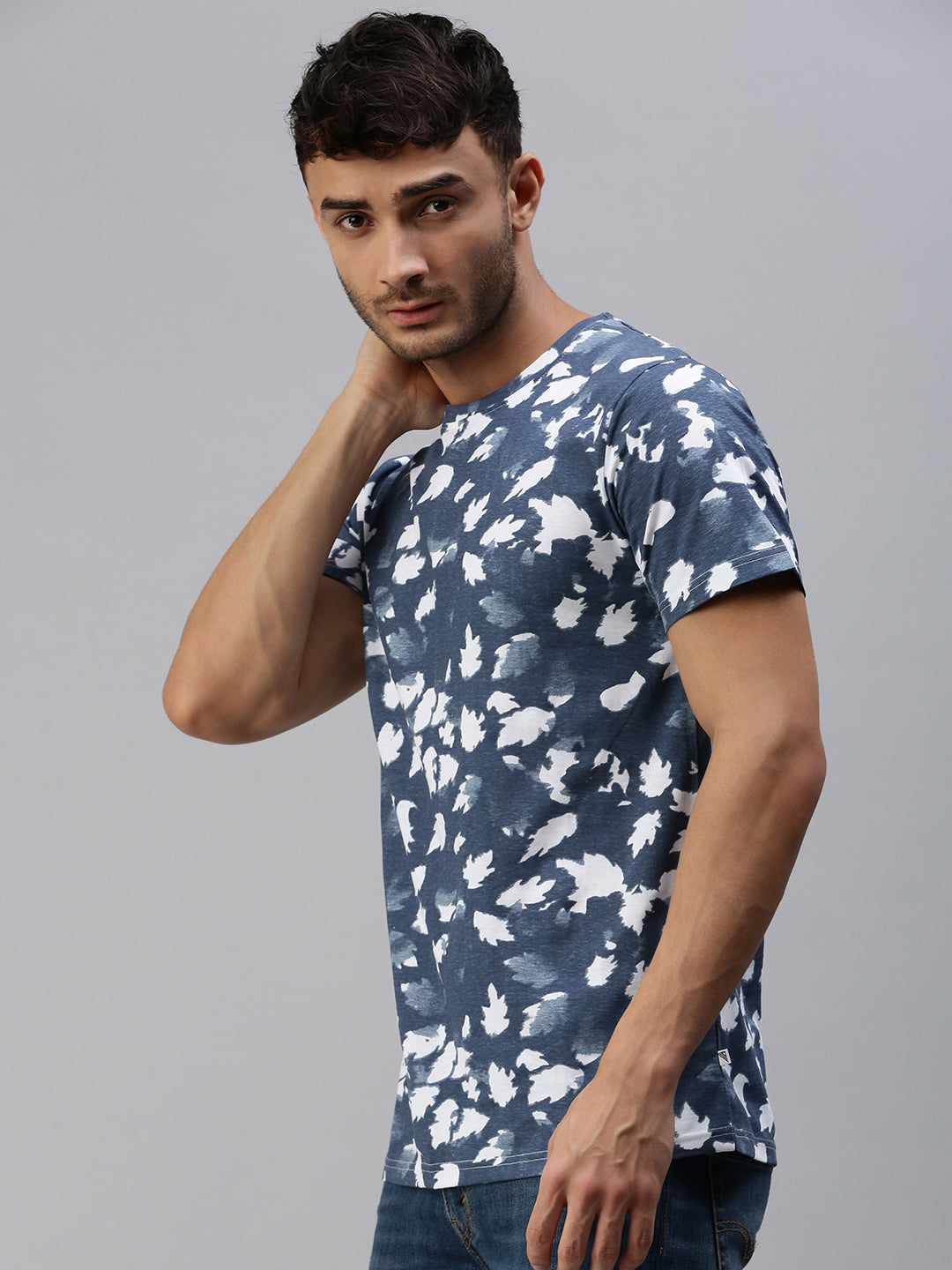 Graphic Printed Round Neck Casual T-Shirt with Pocket Navy GT24-Side view