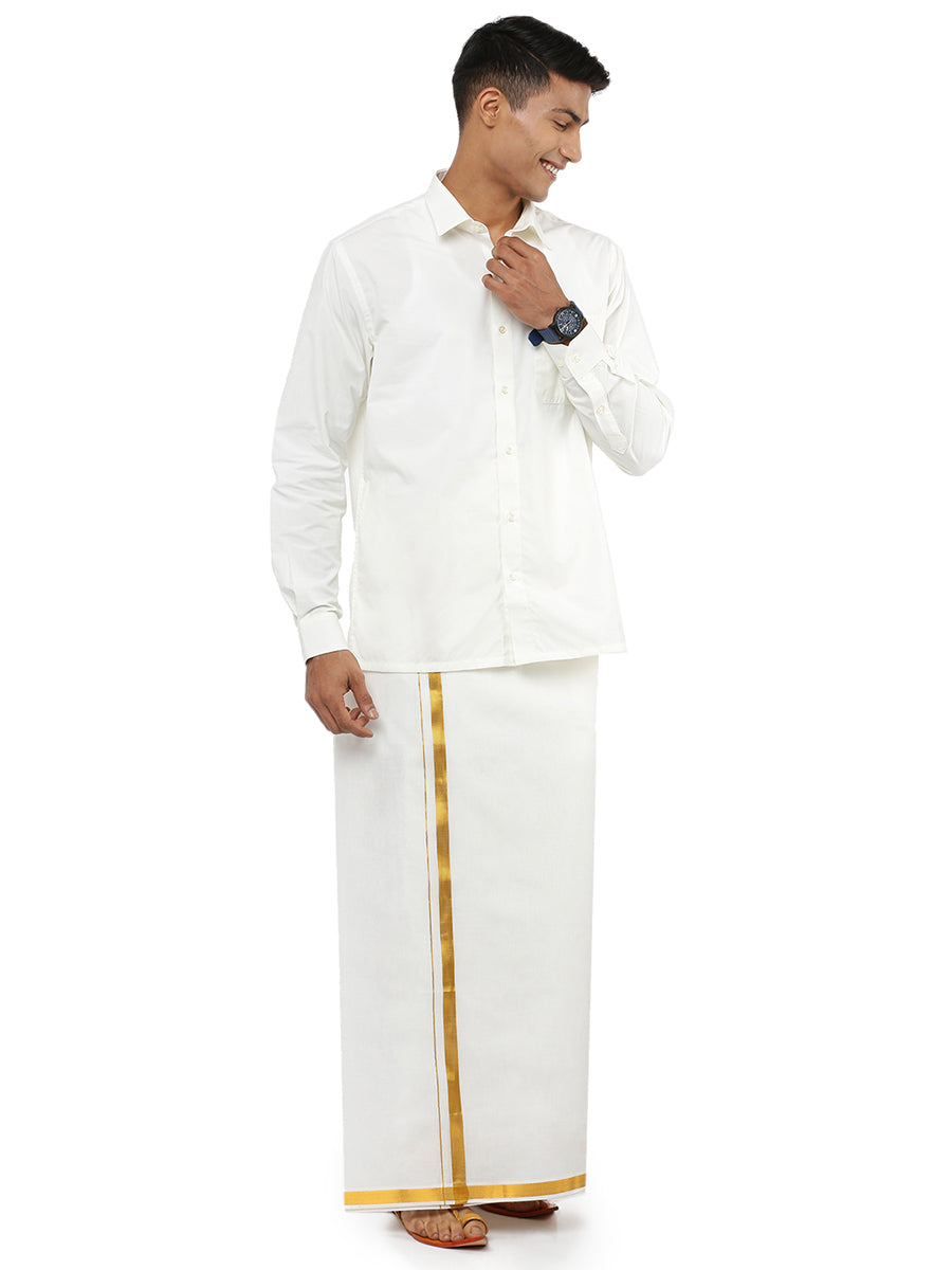 Mens Double Dhoti Cream with Gold Jari 3/4" Gold Twix-Front view