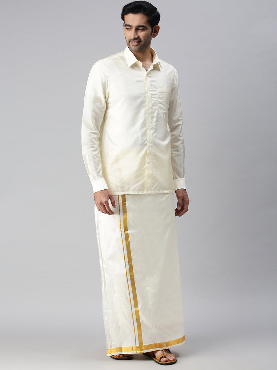 Mens Pure Silk Cream Double Dhoti with 1" Gold Jari Border Upasana-Full view