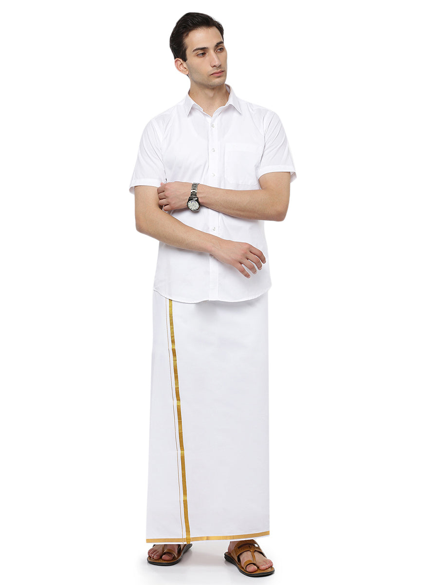 Mens Double Dhoti White with Gold Jari 1/2" Goldsmith-Front view