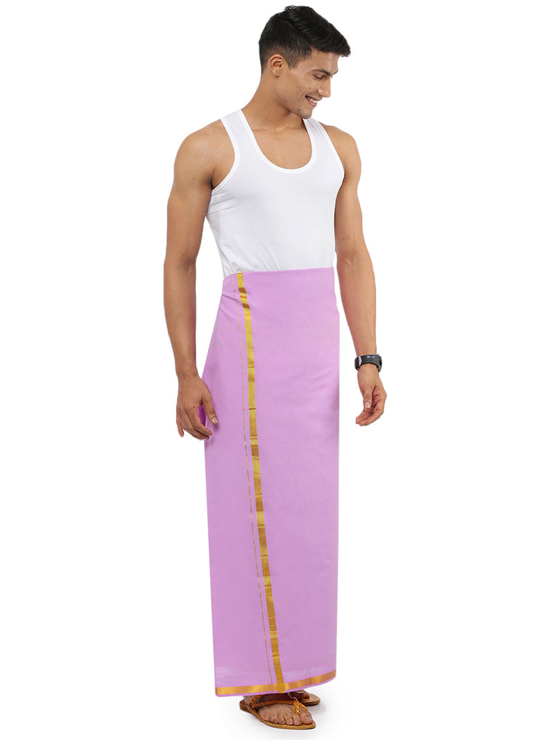 Mens Color Dhoti with Gold Jari Border Pink Daisy 4